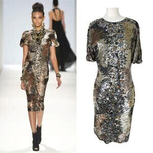 Naeem Khan Sequin Runway Dress 2010 gold silver black silk size 8